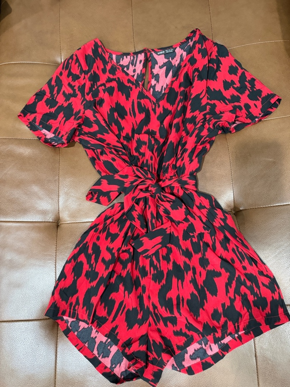 SHEIN Red and Black Animal Print Tie-Front Top
